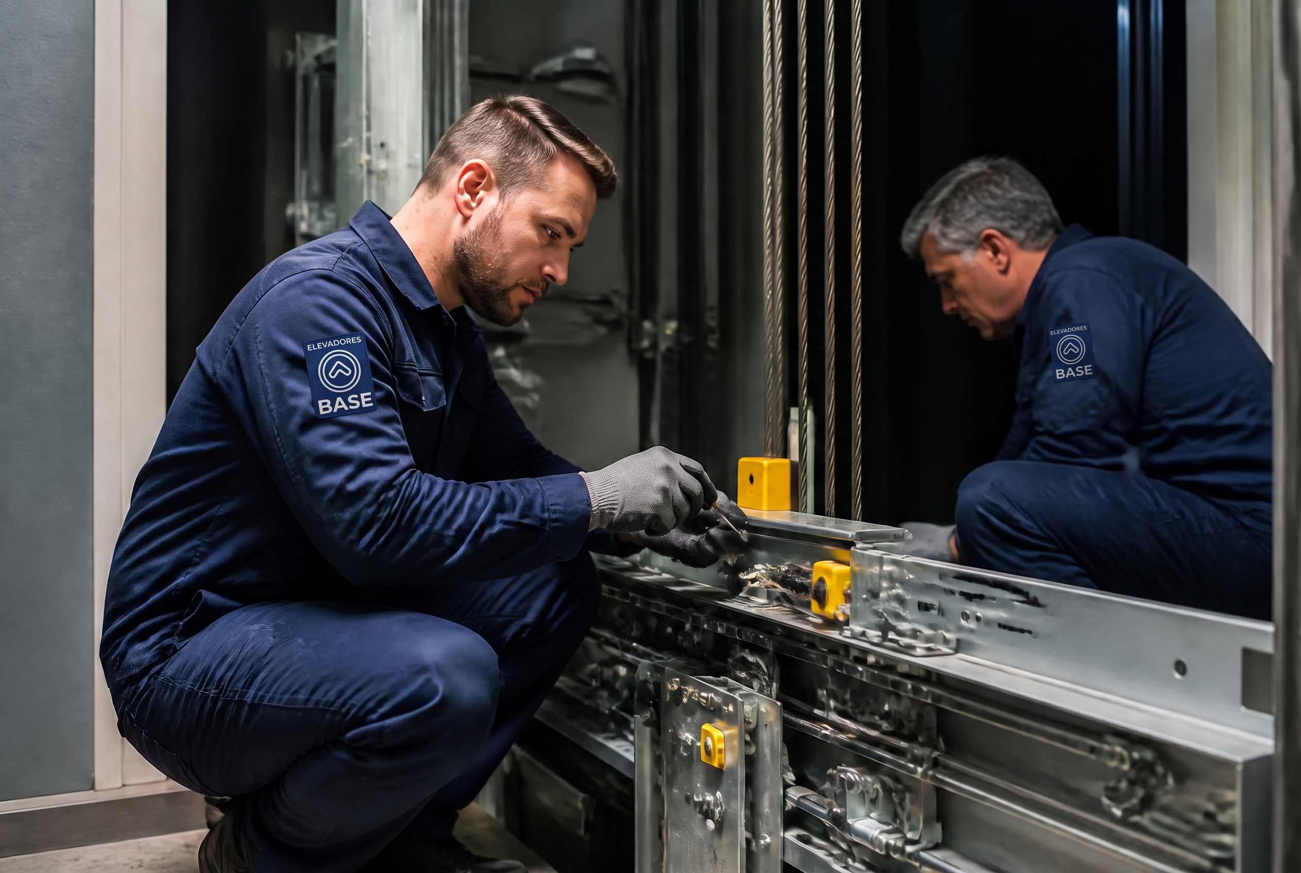 Equipe técnica Base Elevadores em manutenção